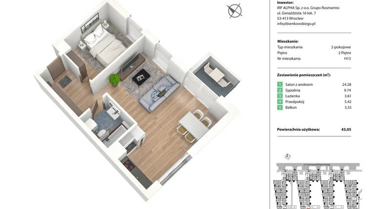 Rzut - Mieszkanie na sprzedaż 2 pokoje o powierzchni 43,08 m² - numer H13 w Nowe Żerniki Bieńkowskiego etap II