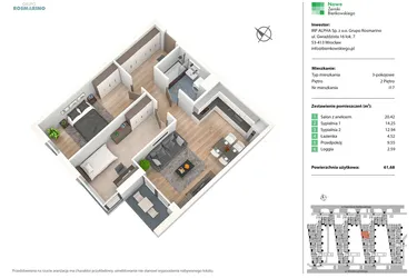 Rzut - Mieszkanie na sprzedaż 3 pokoje o powierzchni 61,69 m² - numer I17 w Nowe Żerniki Bieńkowskiego etap II