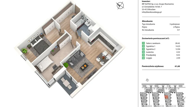 Rzut - Mieszkanie na sprzedaż 3 pokoje o powierzchni 61,69 m² - numer I17 w Nowe Żerniki Bieńkowskiego etap II