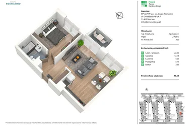 Rzut - Mieszkanie na sprzedaż 2 pokoje o powierzchni 43,52 m² - numer K20 w Nowe Żerniki Bieńkowskiego etap II