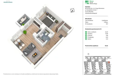 Rzut - Mieszkanie na sprzedaż 2 pokoje o powierzchni 43,49 m² - numer K27 w Nowe Żerniki Bieńkowskiego etap II