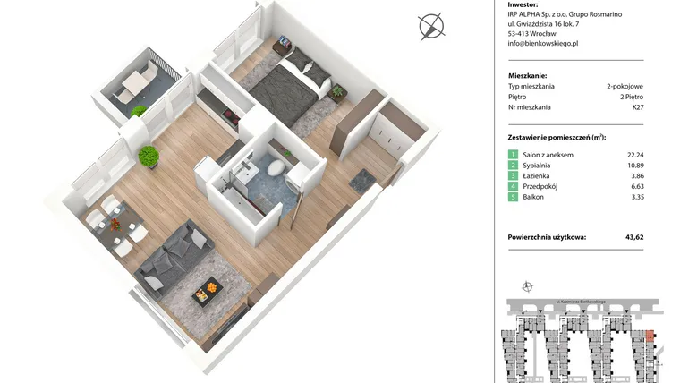 Rzut - Mieszkanie na sprzedaż 2 pokoje o powierzchni 43,49 m² - numer K27 w Nowe Żerniki Bieńkowskiego etap II