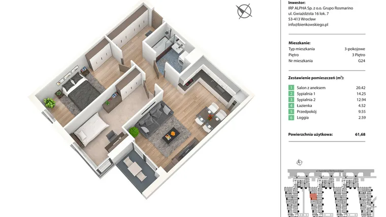 Rzut - Mieszkanie na sprzedaż 3 pokoje o powierzchni 61,78 m² - numer G24 w Nowe Żerniki Bieńkowskiego etap II