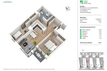 Rzut - Mieszkanie na sprzedaż 3 pokoje o powierzchni 59,86 m² - numer H21 w Nowe Żerniki Bieńkowskiego etap II