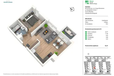 Rzut - Mieszkanie na sprzedaż 2 pokoje o powierzchni 45,43 m² - numer H23 w Nowe Żerniki Bieńkowskiego etap II