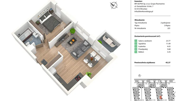 Rzut - Mieszkanie na sprzedaż 2 pokoje o powierzchni 45,38 m² - numer J23 w Nowe Żerniki Bieńkowskiego etap II