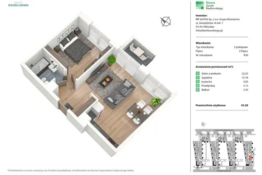 Rzut - Mieszkanie na sprzedaż 2 pokoje o powierzchni 43,59 m² - numer K30 w Nowe Żerniki Bieńkowskiego etap II
