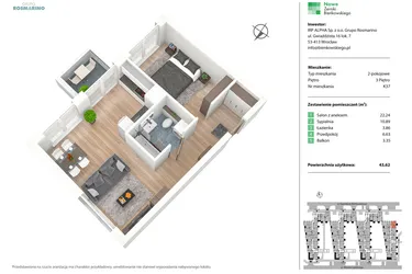 Rzut - Mieszkanie na sprzedaż 2 pokoje o powierzchni 43,69 m² - numer K37 w Nowe Żerniki Bieńkowskiego etap II