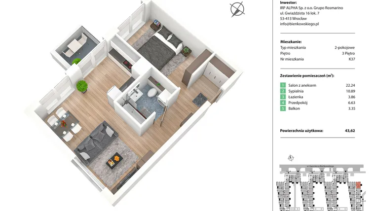 Rzut - Mieszkanie na sprzedaż 2 pokoje o powierzchni 43,69 m² - numer K37 w Nowe Żerniki Bieńkowskiego etap II