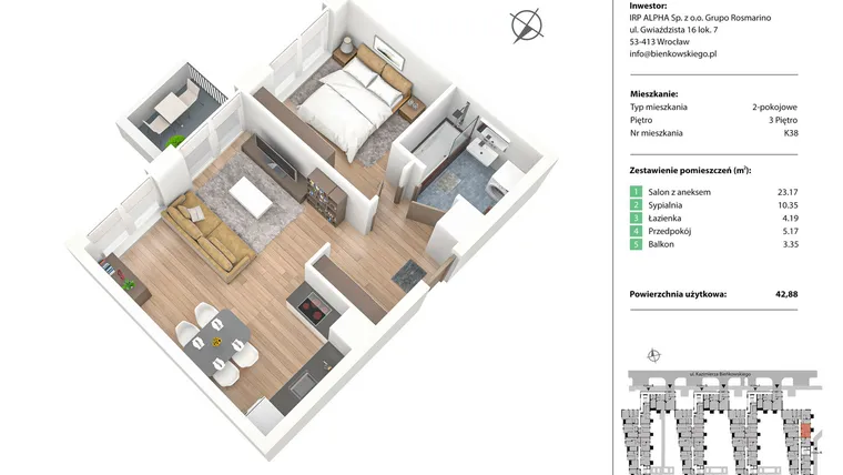 Rzut - Mieszkanie na sprzedaż 2 pokoje o powierzchni 42,92 m² - numer K38 w Nowe Żerniki Bieńkowskiego etap II