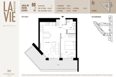 Rzut - Mieszkanie na sprzedaż 2 pokoje o powierzchni 44,08 m² - numer 60 w La Vie House