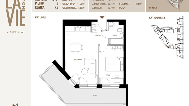 Rzut - Mieszkanie na sprzedaż 2 pokoje o powierzchni 44,08 m² - numer 60 w La Vie House