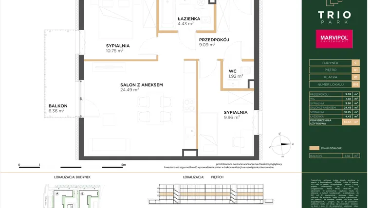 Rzut - Mieszkanie na sprzedaż 3 pokoje o powierzchni 60,64 m² - numer C016 w Trio Park bud. C