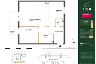 Rzut - Mieszkanie na sprzedaż 3 pokoje o powierzchni 60,78 m² - numer C017 w Trio Park bud. C