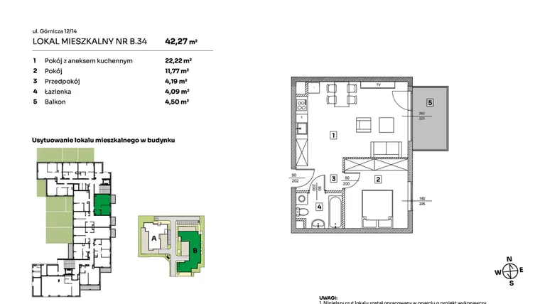 Rzut - Mieszkanie na sprzedaż 2 pokoje o powierzchni 42,27 m² - numer B.34 w Parkove Love