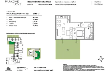 Rzut - Mieszkanie na sprzedaż 2 pokoje o powierzchni 44,69 m² - numer B.37 w Parkove Love