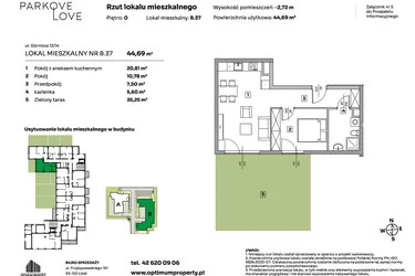 Rzut - Mieszkanie na sprzedaż 2 pokoje o powierzchni 44,69 m² - numer B.37 w Parkove Love