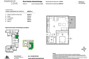 Rzut - Mieszkanie na sprzedaż 2 pokoje o powierzchni 42,27 m² - numer B.41 w Parkove Love