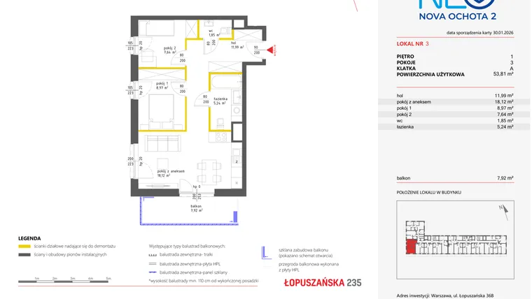 Rzut - Mieszkanie na sprzedaż 3 pokoje o powierzchni 53,76 m² - numer 3 w Neo Nova Ochota 2