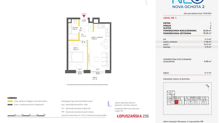 Rzut - Mieszkanie na sprzedaż 2 pokoje o powierzchni 36,89 m² - numer 5 w Neo Nova Ochota 2