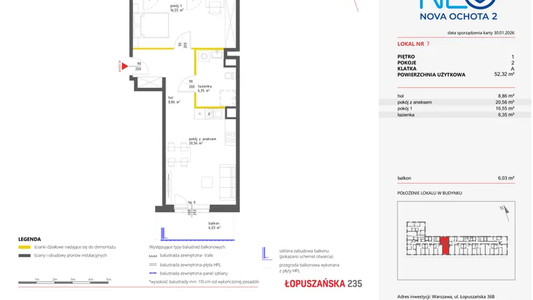 Rzut - Mieszkanie na sprzedaż 2 pokoje o powierzchni 52,41 m² - numer 7 w Neo Nova Ochota 2