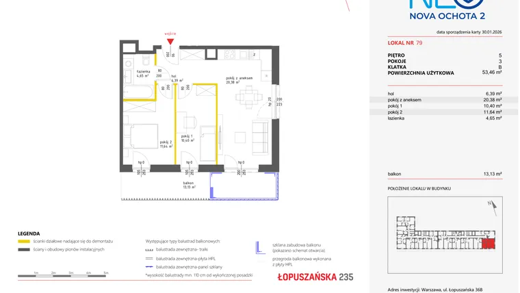 Rzut - Mieszkanie na sprzedaż 3 pokoje o powierzchni 53,35 m² - numer 79 w Neo Nova Ochota 2