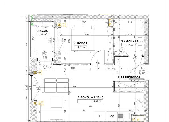 Rzut - Mieszkanie na sprzedaż 2 pokoje o powierzchni 36,27 m² - numer A7 w Nowe Centrum Południowe etap IV