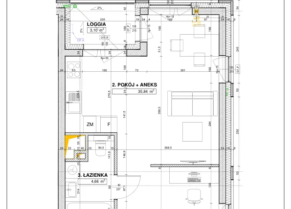 Rzut - Mieszkanie na sprzedaż 1 pokój o powierzchni 46,18 m² - numer B22 w Nowe Centrum Południowe etap IV