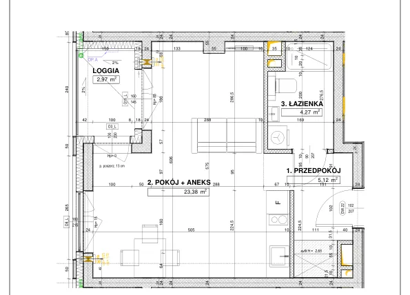 Rzut - Mieszkanie na sprzedaż 1 pokój o powierzchni 32,93 m² - numer B55 w Nowe Centrum Południowe etap IV