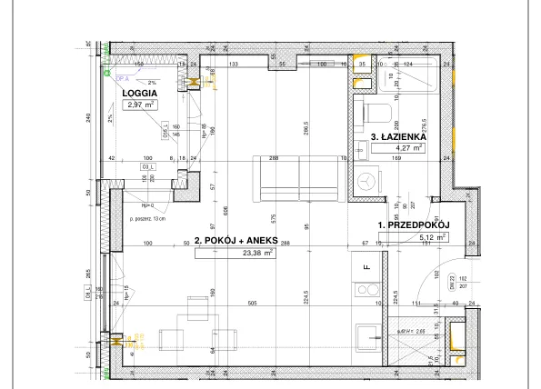 Rzut - Mieszkanie na sprzedaż 1 pokój o powierzchni 32,97 m² - numer B68 w Nowe Centrum Południowe etap IV