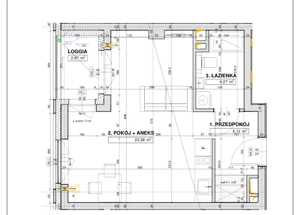 Rzut - Mieszkanie na sprzedaż 1 pokój o powierzchni 33,09 m² - numer B81 w Nowe Centrum Południowe etap IV