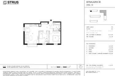 Rzut - Mieszkanie na sprzedaż 3 pokoje o powierzchni 51,78 m² - numer A2.3 w Wynalazek 3A