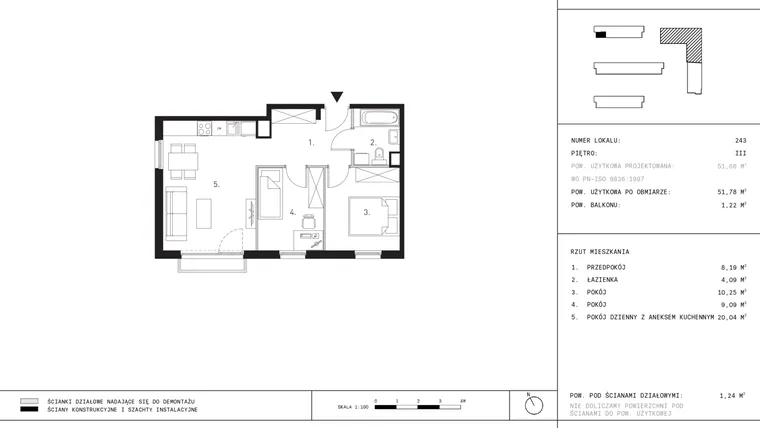 Rzut - Mieszkanie na sprzedaż 3 pokoje o powierzchni 51,78 m² - numer A2.3 w Wynalazek 3A