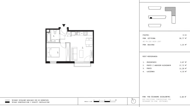 Rzut - Mieszkanie na sprzedaż 2 pokoje o powierzchni 36,73 m² - numer B2.6 w Wynalazek 3A
