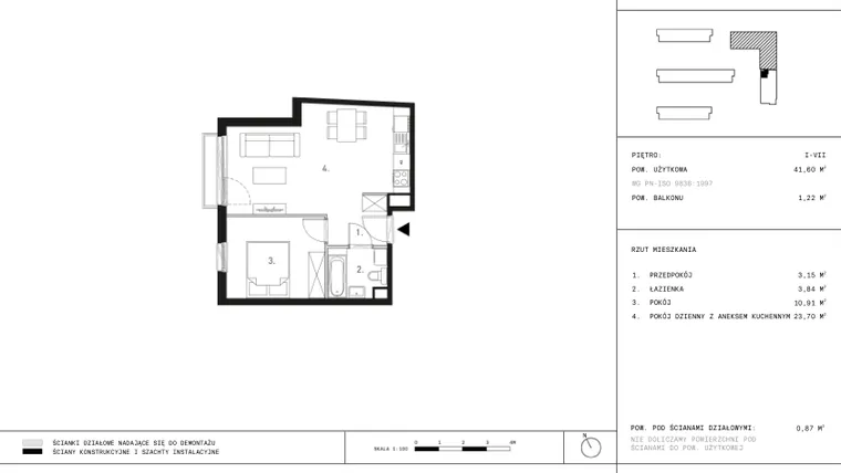 Rzut - Mieszkanie na sprzedaż 2 pokoje o powierzchni 41,69 m² - numer D1.4 w Wynalazek 3A