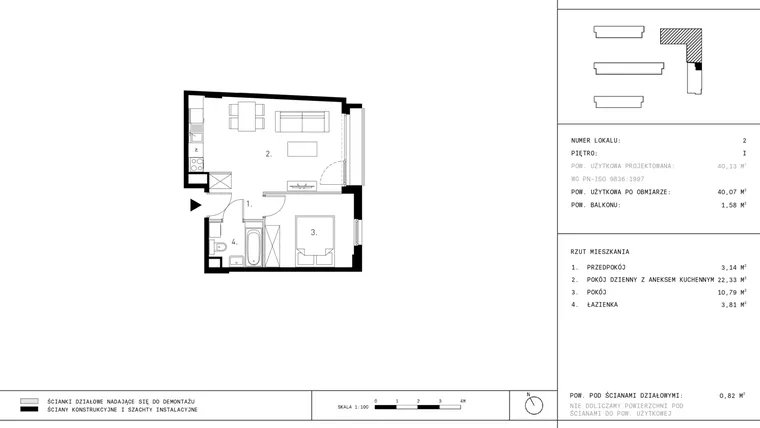 Rzut - Mieszkanie na sprzedaż 2 pokoje o powierzchni 40,07 m² - numer D2.1 w Wynalazek 3A