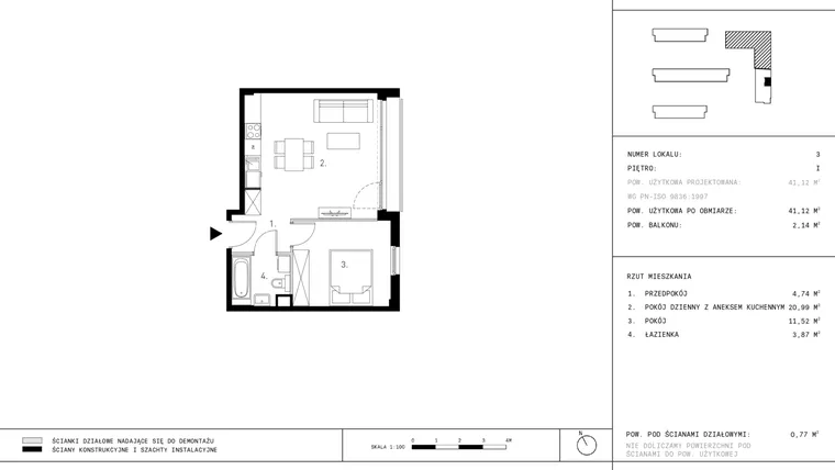 Rzut - Mieszkanie na sprzedaż 2 pokoje o powierzchni 41,12 m² - numer D3.1 w Wynalazek 3A