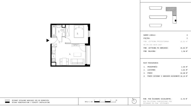Rzut - Mieszkanie na sprzedaż 2 pokoje o powierzchni 35,83 m² - numer D4.1 w Wynalazek 3A