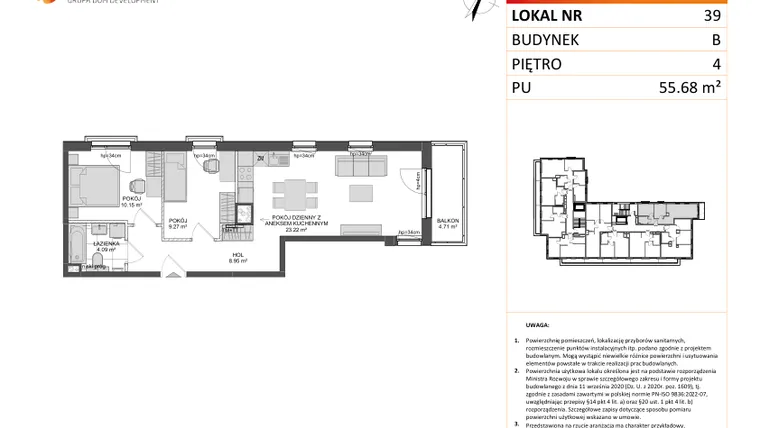 Rzut - Mieszkanie na sprzedaż 3 pokoje o powierzchni 55,68 m² - numer B.39 w Wzgórze Hoplity etap II