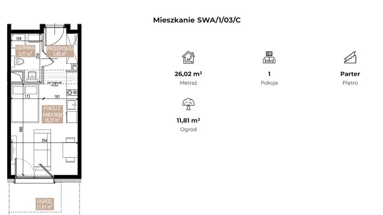 Rzut - Mieszkanie na sprzedaż 1 pokój o powierzchni 25,82 m² - numer SWA/1/03/C w Apartamenty Świeradowska