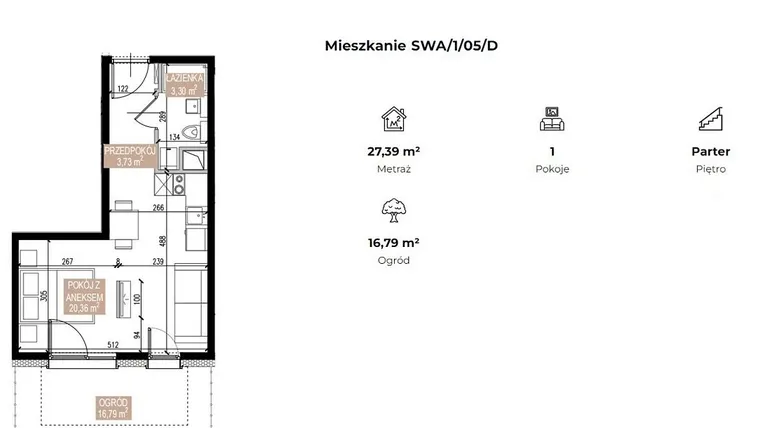 Rzut - Mieszkanie na sprzedaż 1 pokój o powierzchni 27,41 m² - numer SWA/1/05/D w Apartamenty Świeradowska