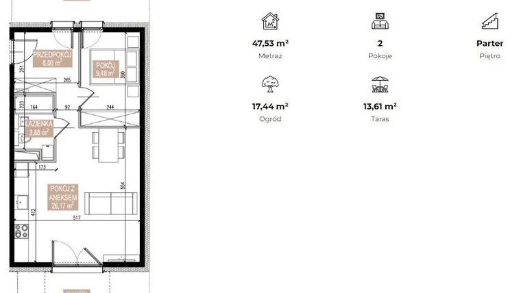 Rzut - Mieszkanie na sprzedaż 2 pokoje o powierzchni 46,71 m² - numer SWA/1/08/A w Apartamenty Świeradowska