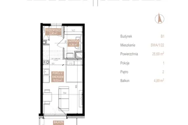 Rzut - Mieszkanie na sprzedaż 1 pokój o powierzchni 26,62 m² - numer SWA/1/22/B w Apartamenty Świeradowska