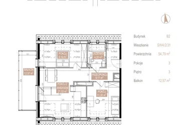 Rzut - Mieszkanie na sprzedaż 3 pokoje o powierzchni 54,51 m² - numer SWA/2/31/E w Apartamenty Świeradowska