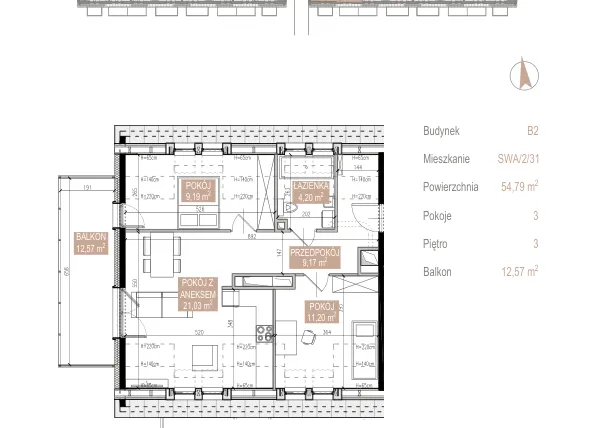 Rzut - Mieszkanie na sprzedaż 3 pokoje o powierzchni 54,51 m² - numer SWA/2/31/E w Apartamenty Świeradowska
