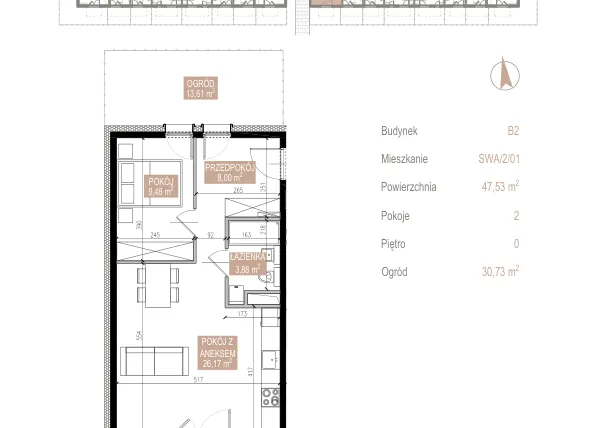 Rzut - Mieszkanie na sprzedaż 2 pokoje o powierzchni 46,59 m² - numer SWA/2/01/A w Apartamenty Świeradowska