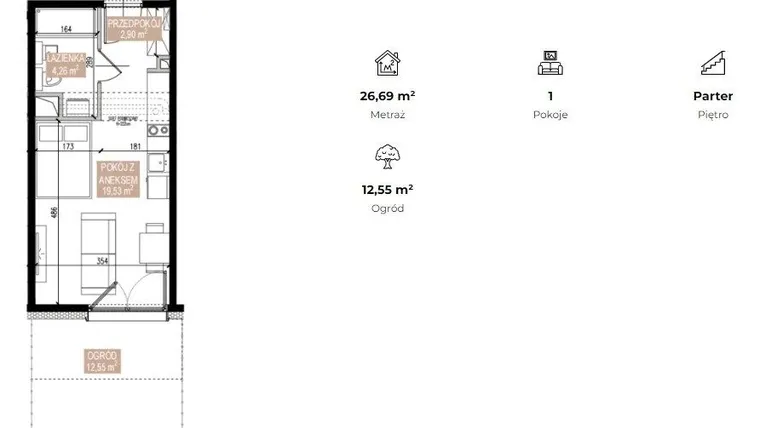 Rzut - Mieszkanie na sprzedaż 1 pokój o powierzchni 26,6 m² - numer SWA/2/07/B w Apartamenty Świeradowska