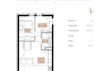 Rzut - Mieszkanie na sprzedaż 2 pokoje o powierzchni 46,72 m² - numer SWA/2/11/A w Apartamenty Świeradowska