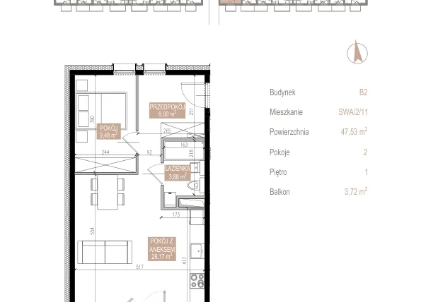 Rzut - Mieszkanie na sprzedaż 2 pokoje o powierzchni 46,72 m² - numer SWA/2/11/A w Apartamenty Świeradowska