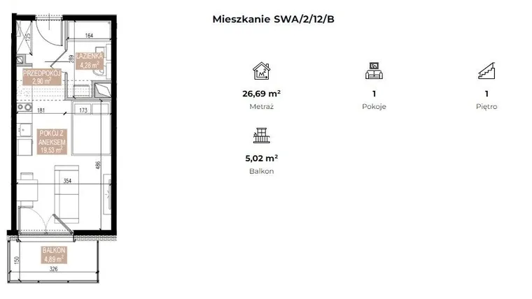 Rzut - Mieszkanie na sprzedaż 1 pokój o powierzchni 26,7 m² - numer SWA/2/12/B w Apartamenty Świeradowska